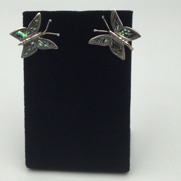 Butterfly Sterling Silver & Abalone Screw Back Earrings Vintage, Whimsical. - Picture 7 of 7